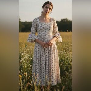 Vintage Handmade Floral Midi Dress with Purple Accents